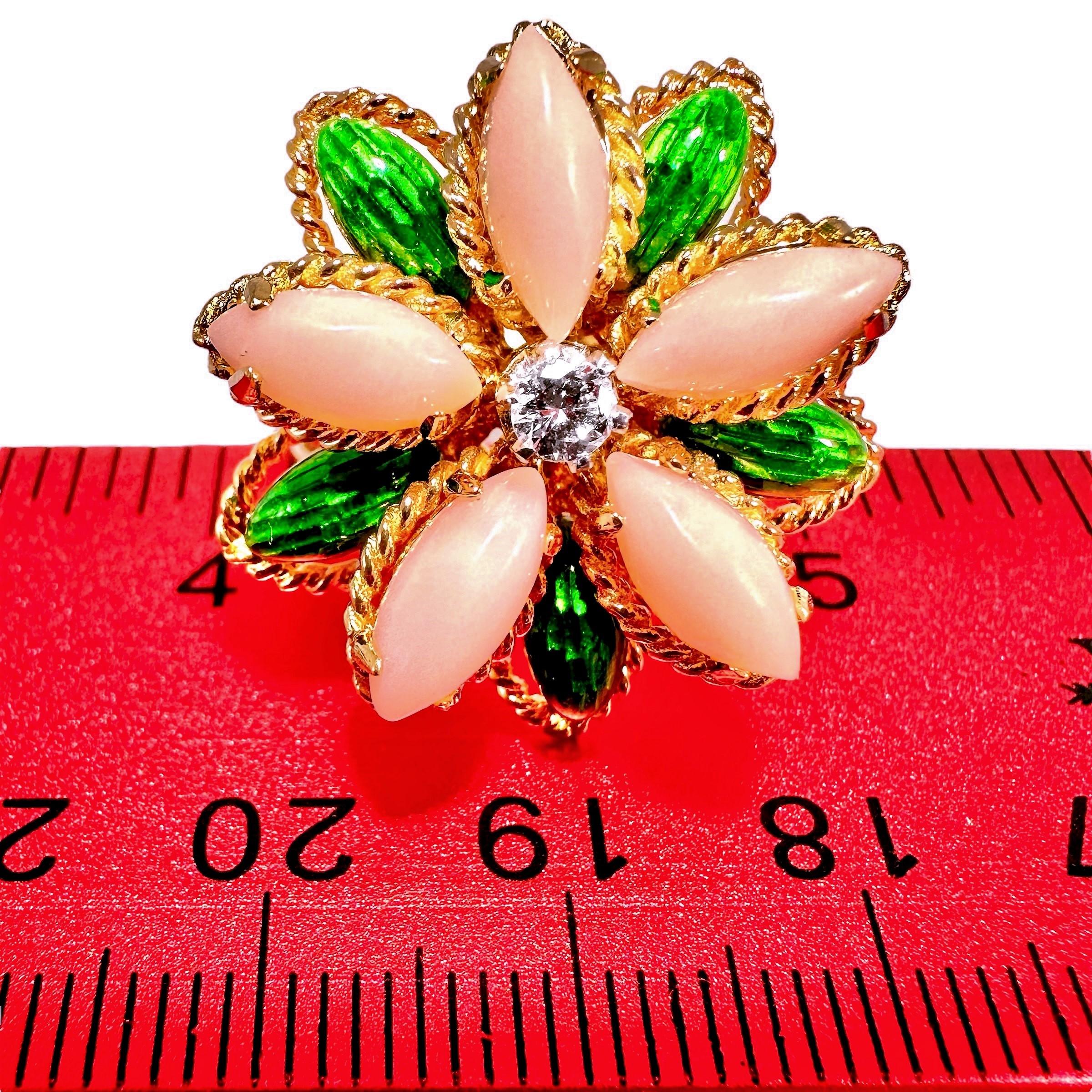 Women's 18k Yellow Gold, Coral, Enamel and Diamond Flower Motif Italian Fashion Ring  For Sale