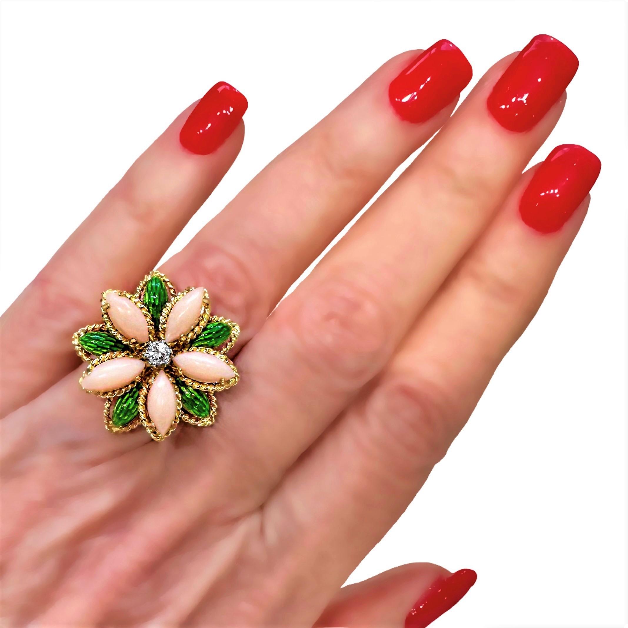 18k Yellow Gold, Coral, Enamel and Diamond Flower Motif Italian Fashion Ring  For Sale 1