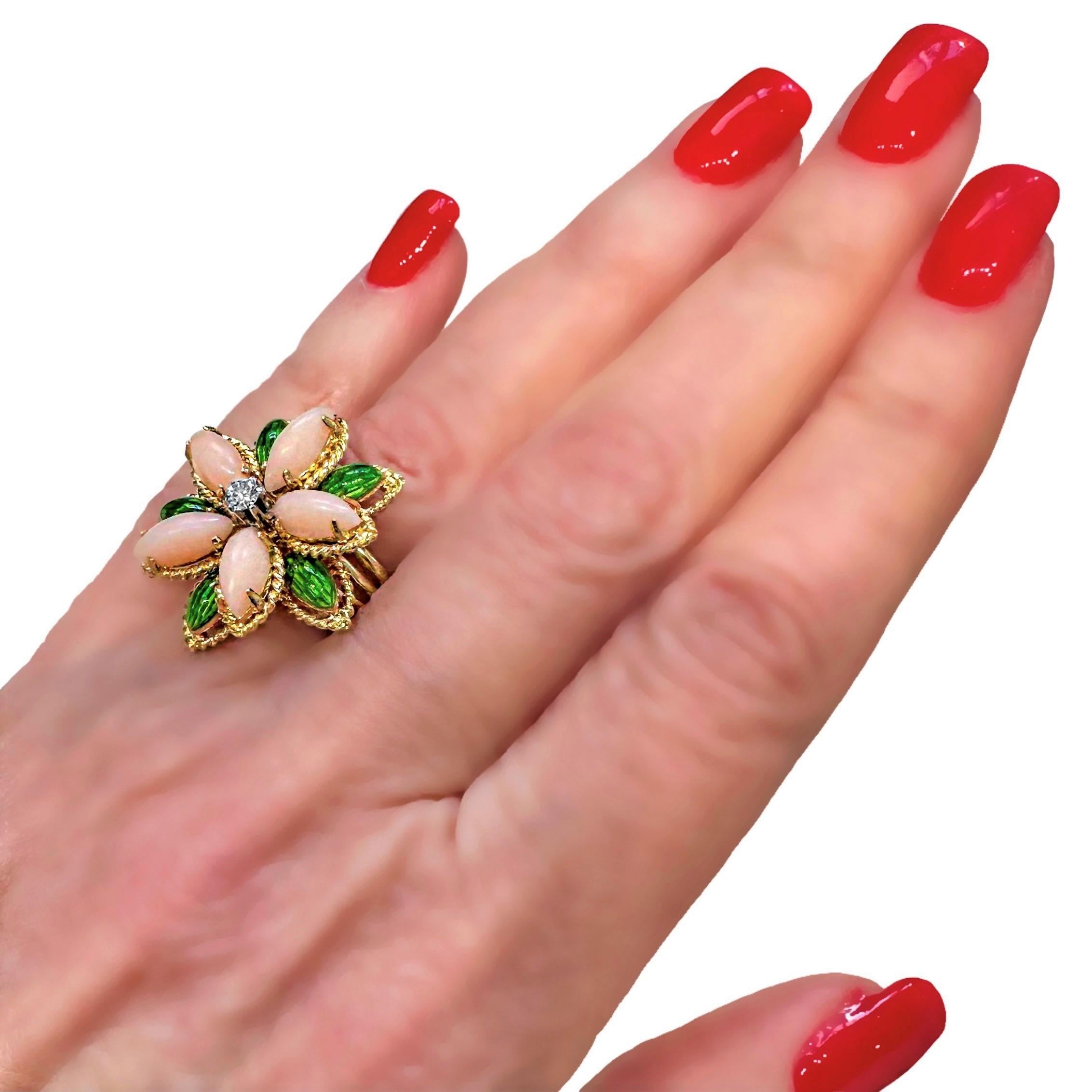 18k Yellow Gold, Coral, Enamel and Diamond Flower Motif Italian Fashion Ring  For Sale 2