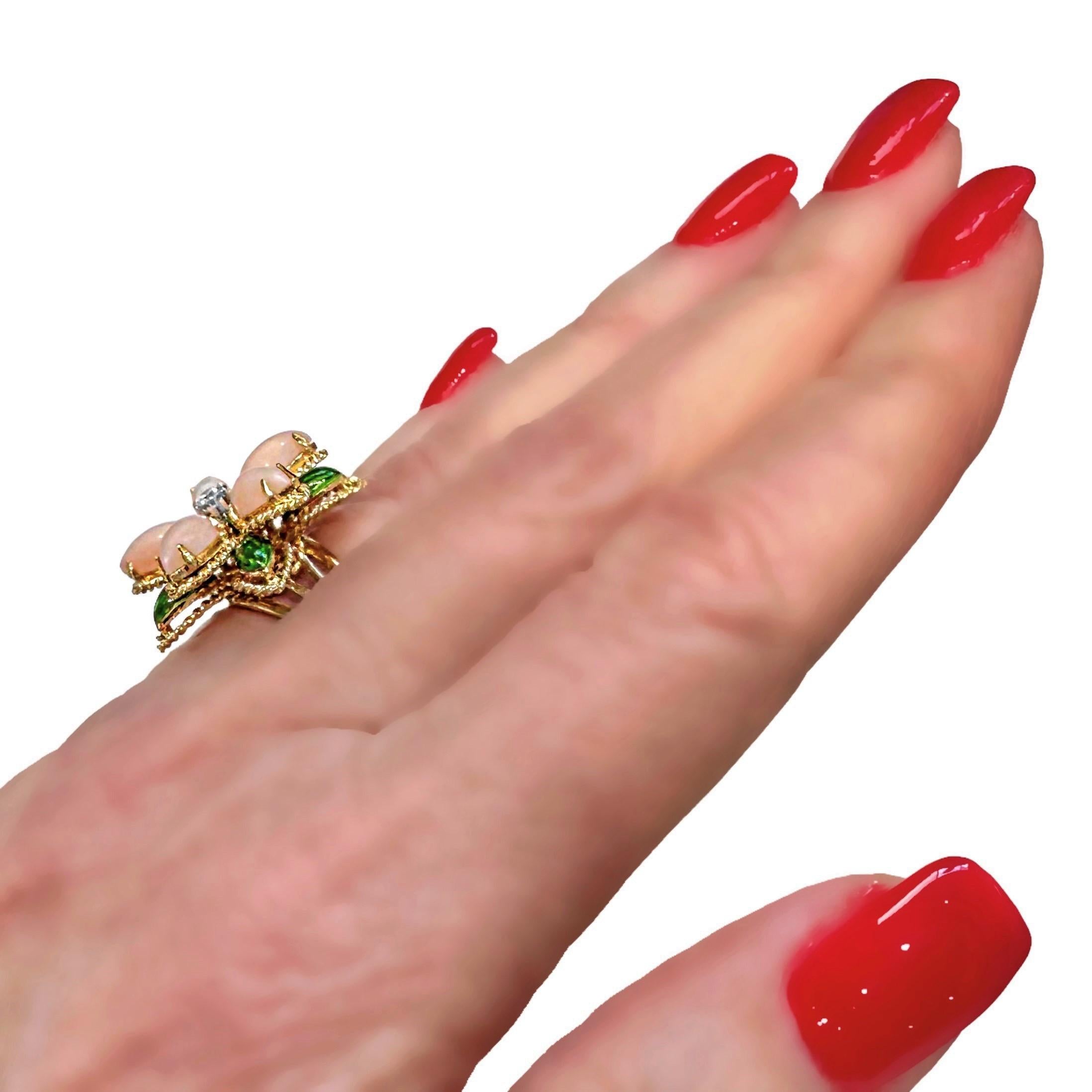 18k Yellow Gold, Coral, Enamel and Diamond Flower Motif Italian Fashion Ring  For Sale 3