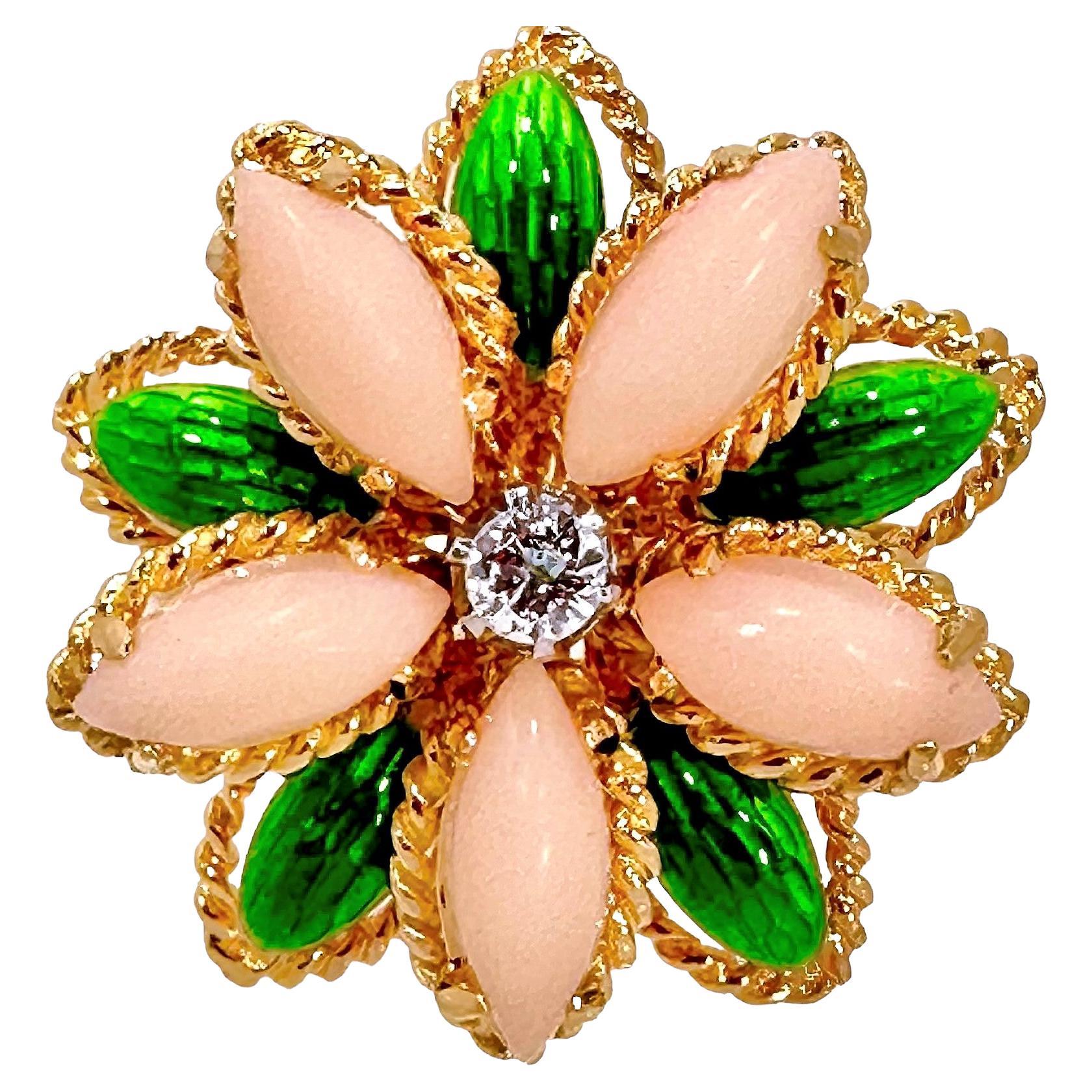 18k Yellow Gold, Coral, Enamel and Diamond Flower Motif Italian Fashion Ring  For Sale