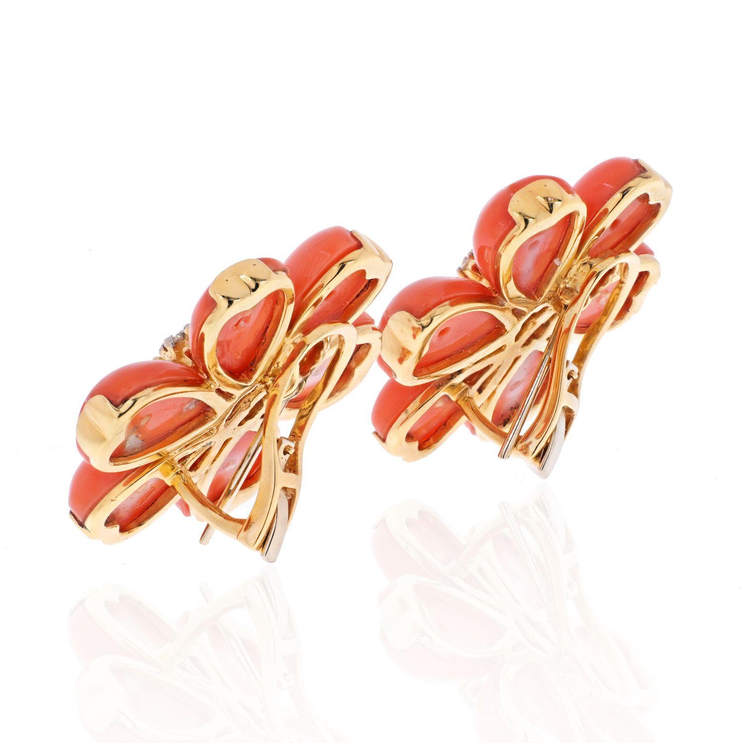 Modern 18k Yellow Gold Coral Flower Diamond Earrings