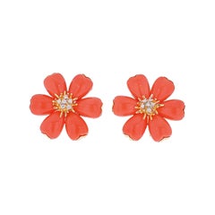 18k Yellow Gold Coral Flower Diamond Earrings