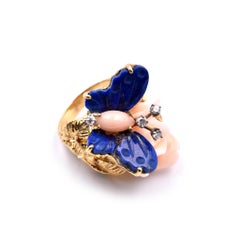 18 Karat Yellow Gold Coral, Lapis, and Diamond Butterfly Ring
