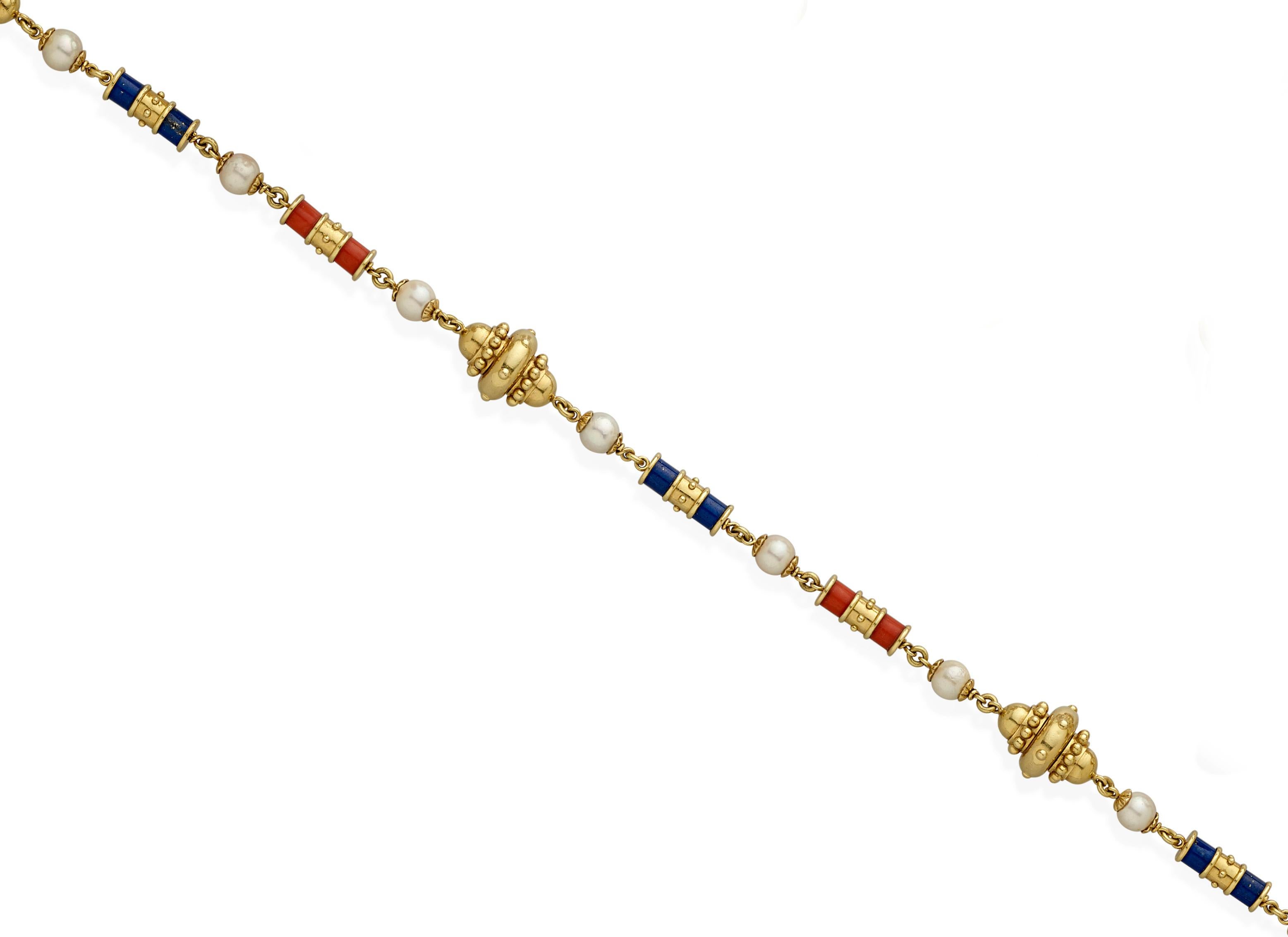Features Cultured Pearls, Coral, and Lapis Lazuli
Set in 18k Yellow Gold
Gross Weight: 117 grams
Length: 31 inches
Featured in Bonhams Auction Lot #18 California Jewels November 20, 2017

Reference Item #BL-1036 CM 04-02-25
