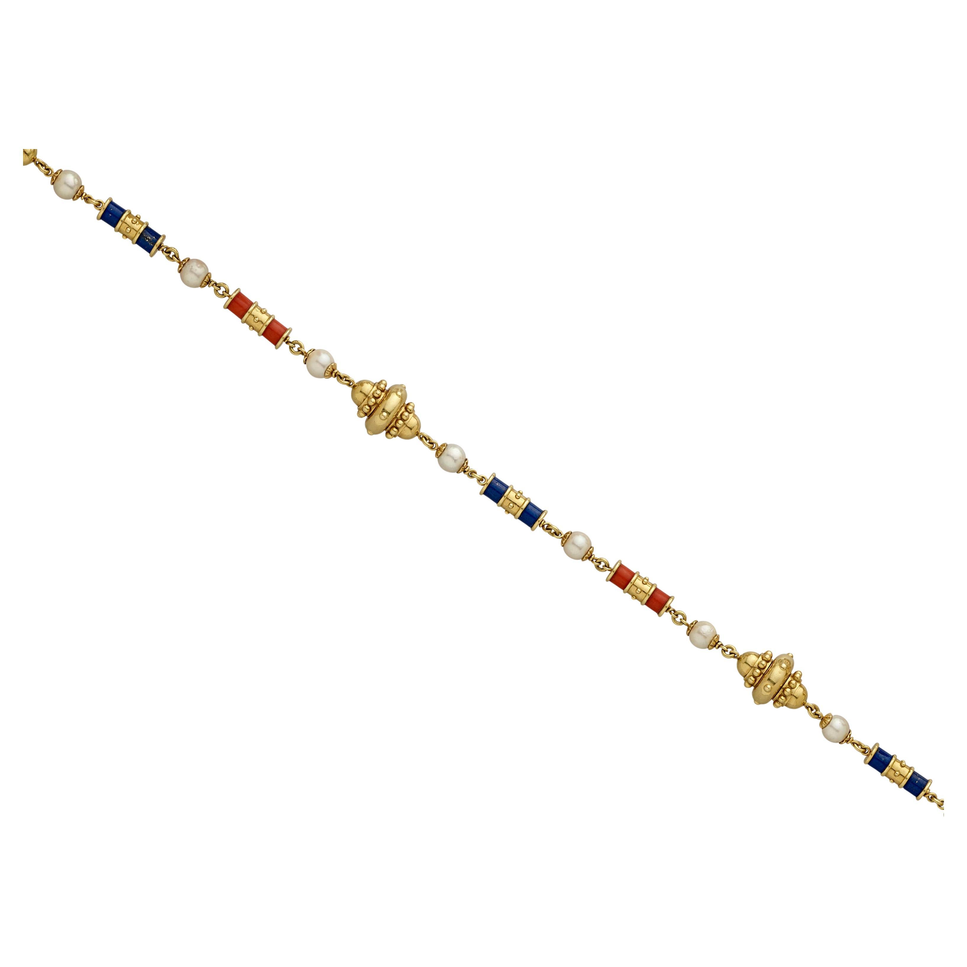 18k Yellow Gold Coral, Lapis Lazuli, and Cultured Pearl Necklace 31" 117g in vendita