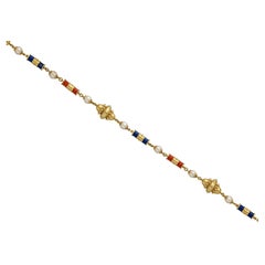 18k Yellow Gold Coral, Lapis Lazuli, and Cultured Pearl Necklace 31" 117g