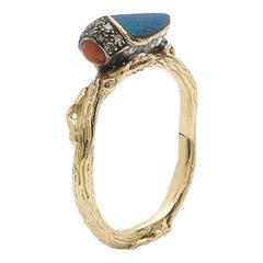 18k Yellow Gold Coral Real Scarab Wings Stackable Ring