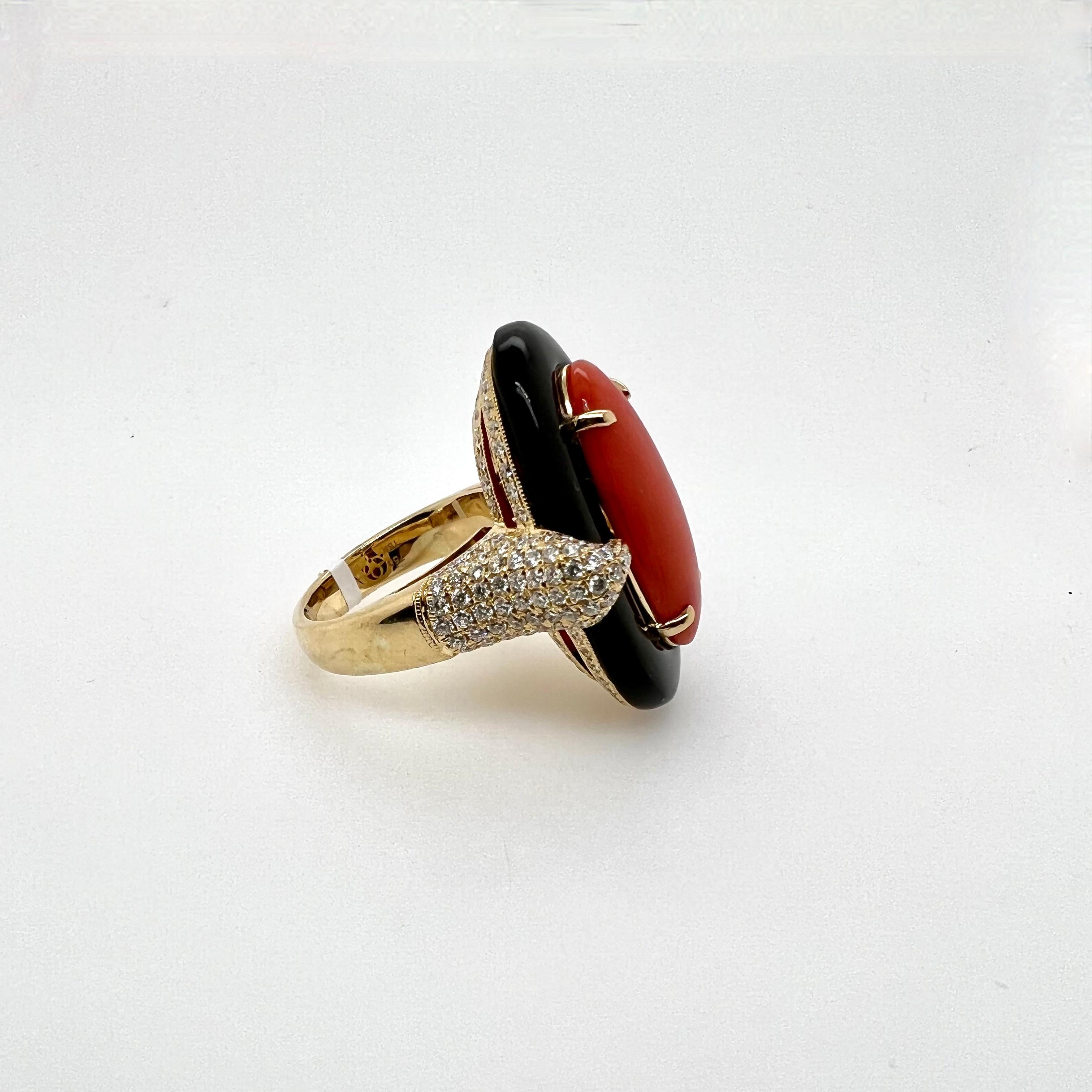 Contemporary 18k Yellow Gold Coral Ring with Onyx and Diamonds Band Cocktail For Sale
