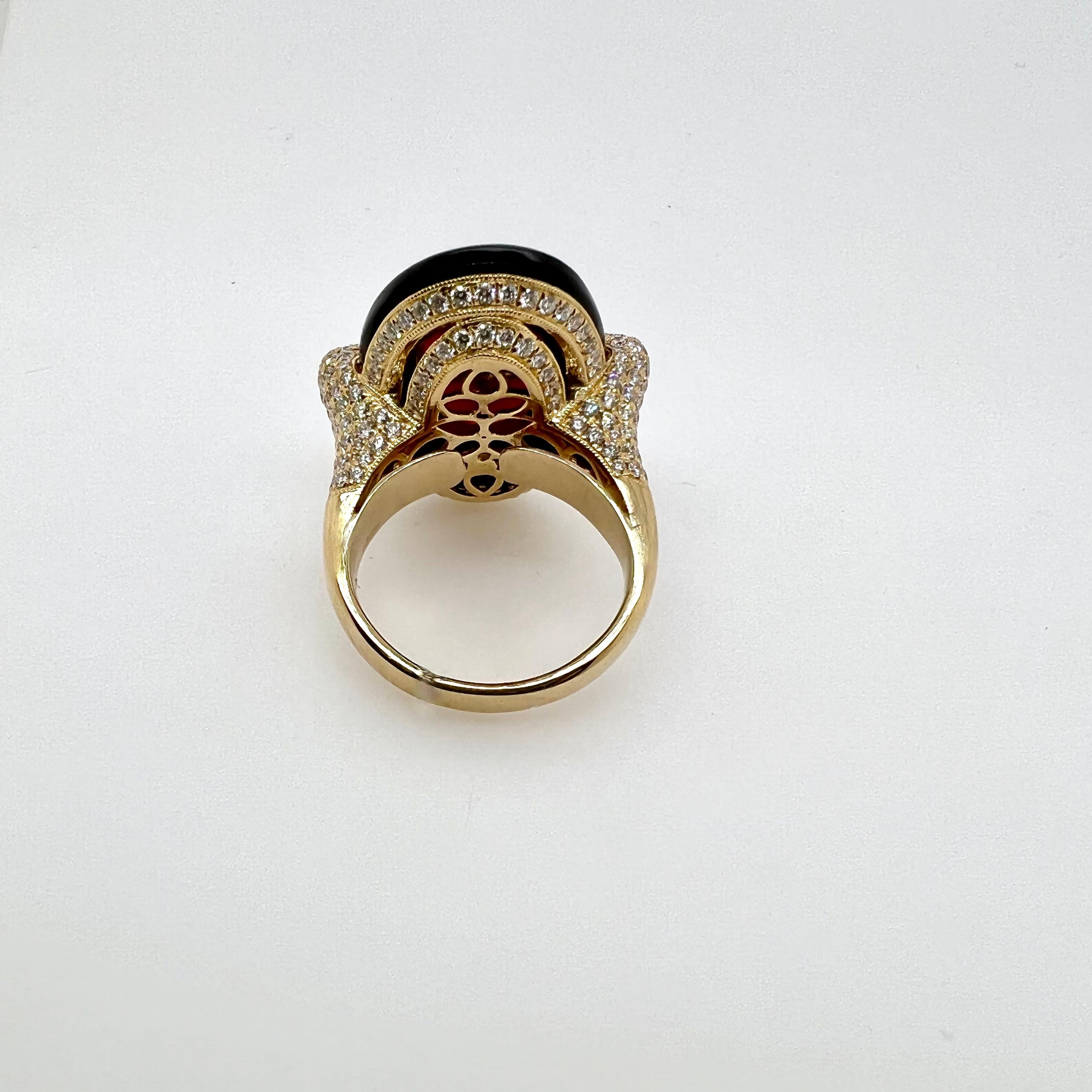 18k Yellow Gold Coral Ring with Onyx and Diamonds Band Cocktail In New Condition For Sale In Carrollton, TX