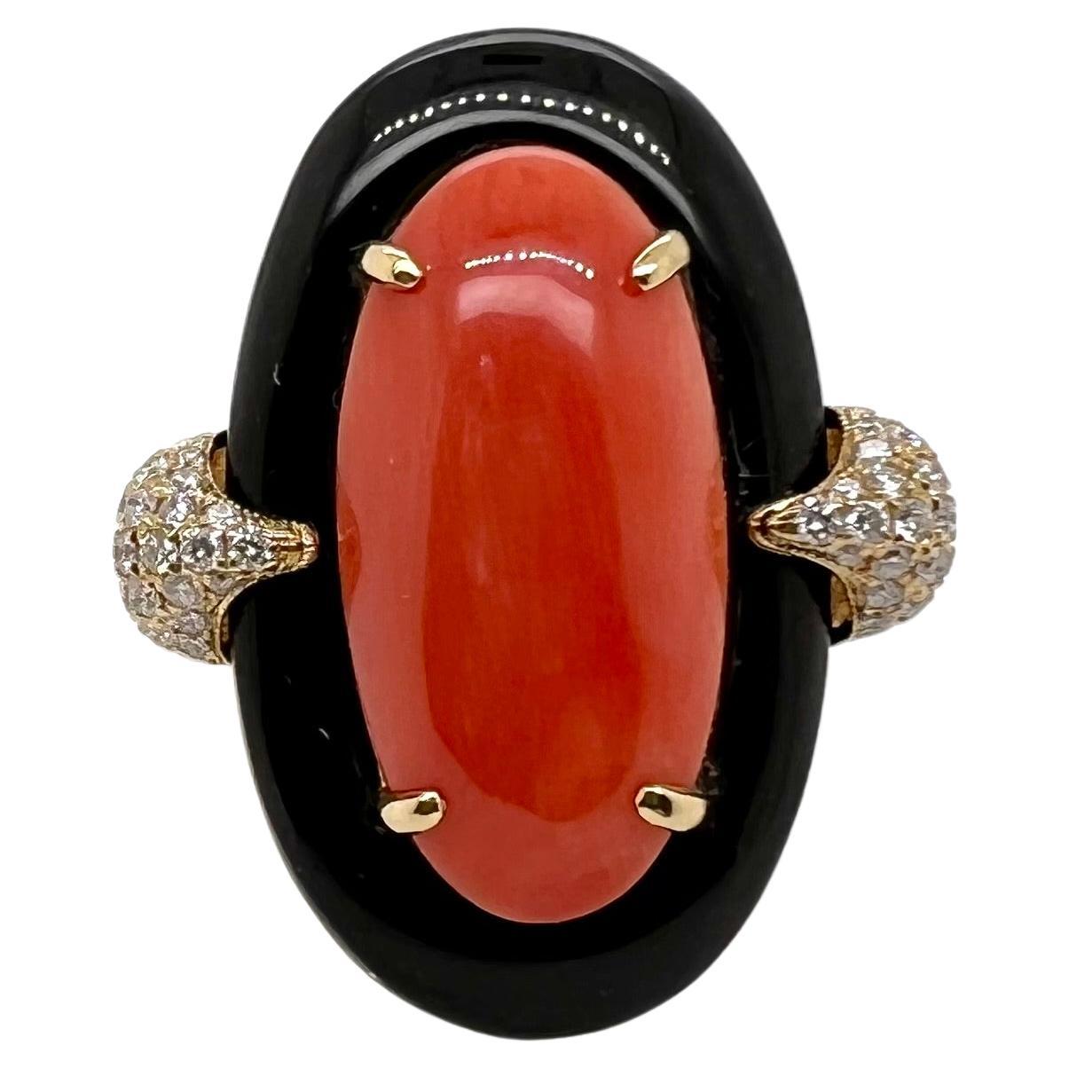18k Yellow Gold Coral Ring with Onyx and Diamonds Band Cocktail