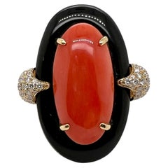 18k Yellow Gold Coral Ring with Onyx and Diamonds Band Cocktail