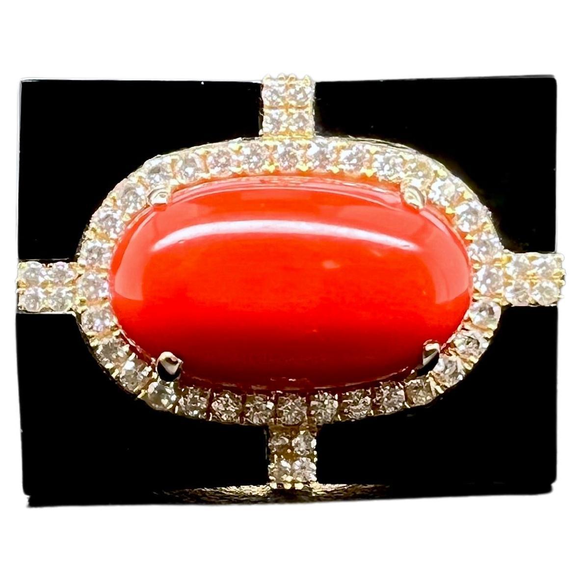 18k Yellow Gold Coral Ring with Onyx and Diamonds For Sale