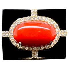 18k Yellow Gold Coral Ring with Onyx and Diamonds