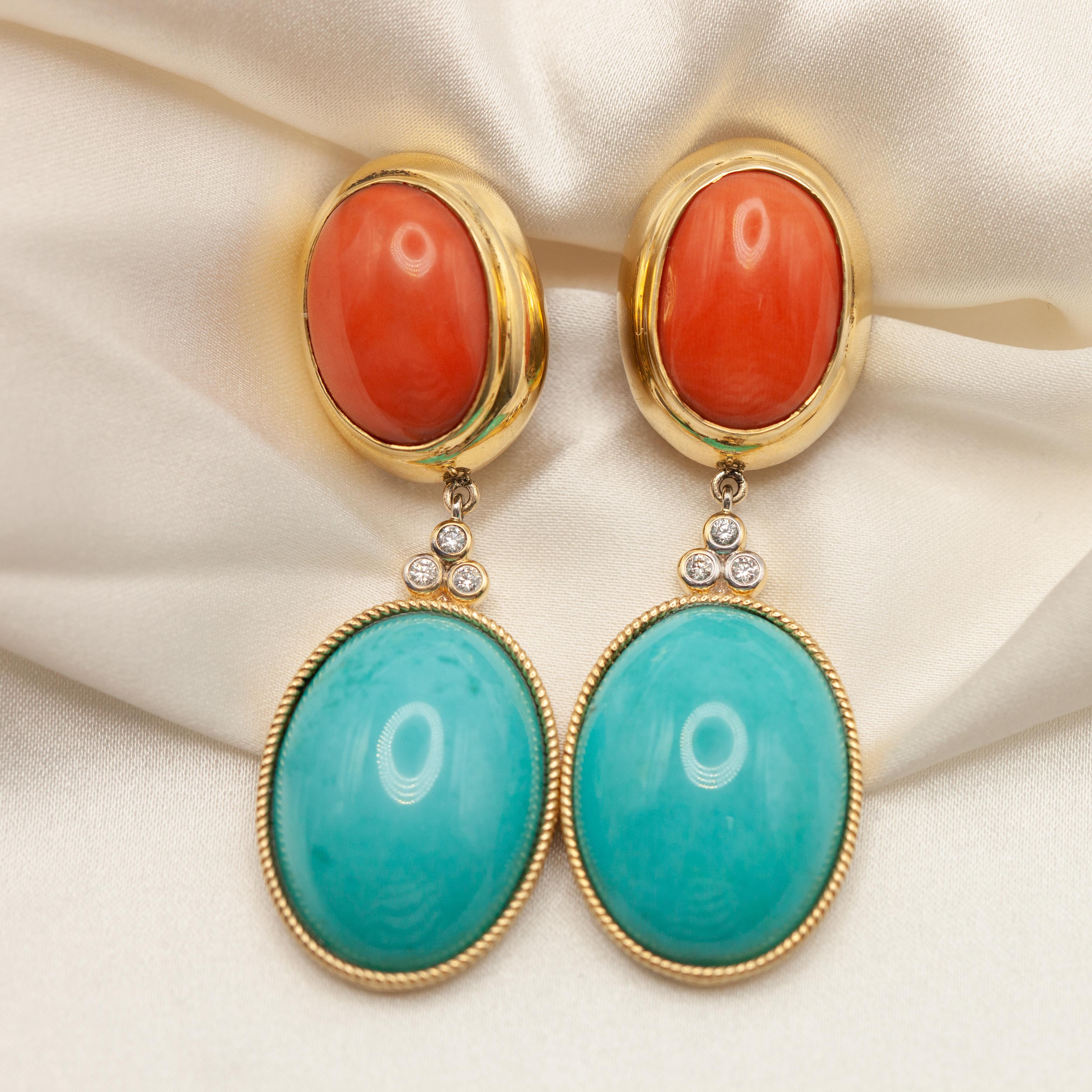 Pendientes Colgantes Oro Amarillo 18K Coral Turquesa Diamante Moderno en venta