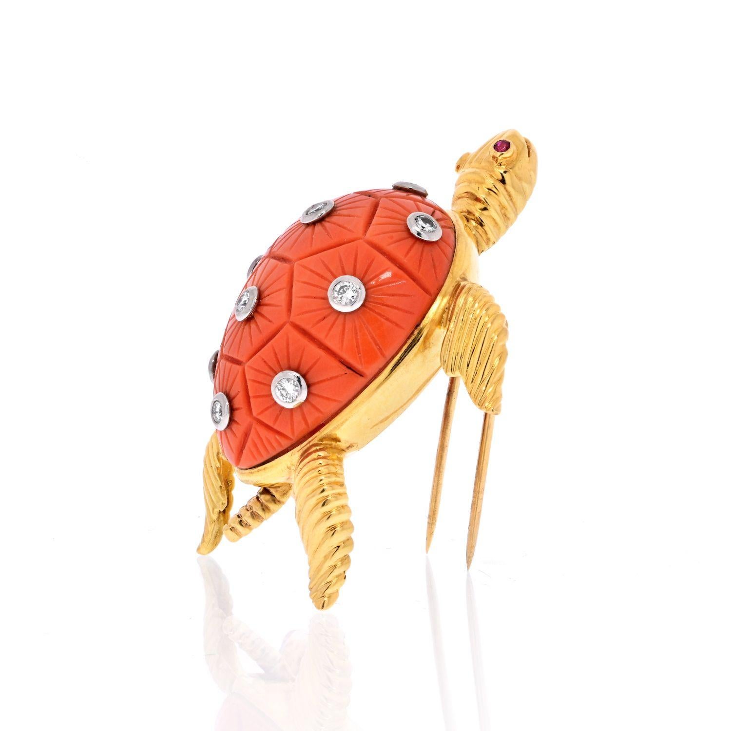 Does anybody else Love Turtles?

18K Yellow Gold Coral Turtle with Diamonds on the Shell Brooch.

18k yellow gold turtle brooch, featuring a movable head, set with carved coral shell, adorned with ruby eyes and approx. 0.30ctw in diamonds. 
This