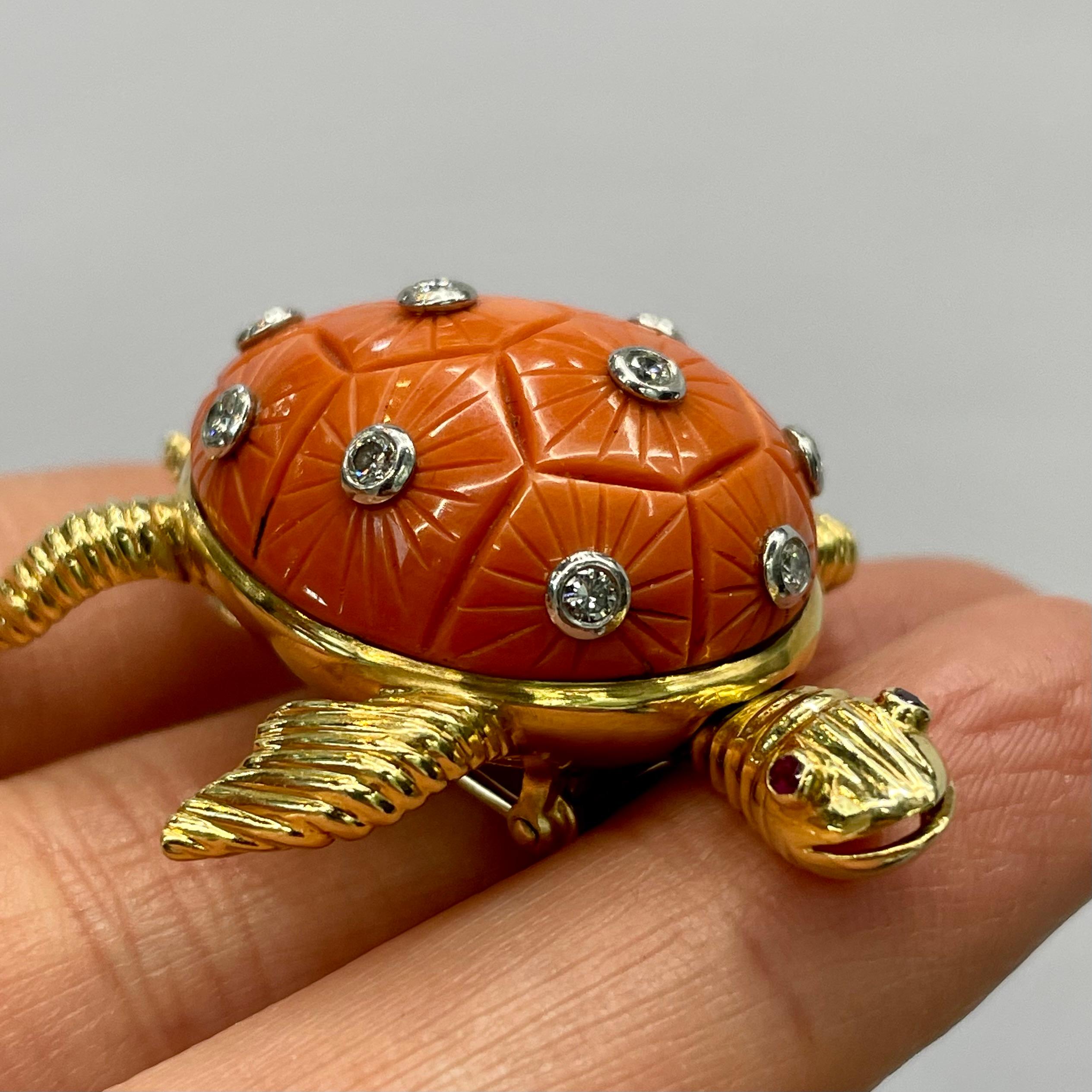 Round Cut 18K Yellow Gold Coral Turtle with Diamonds on the Shell Brooch
