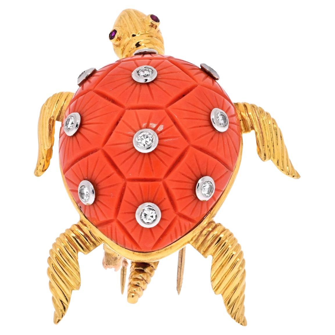 18K Yellow Gold Coral Turtle with Diamonds on the Shell Brooch