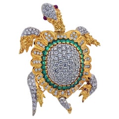 18K Yellow Gold Coral Turtle with Diamonds on the Shell Brooch