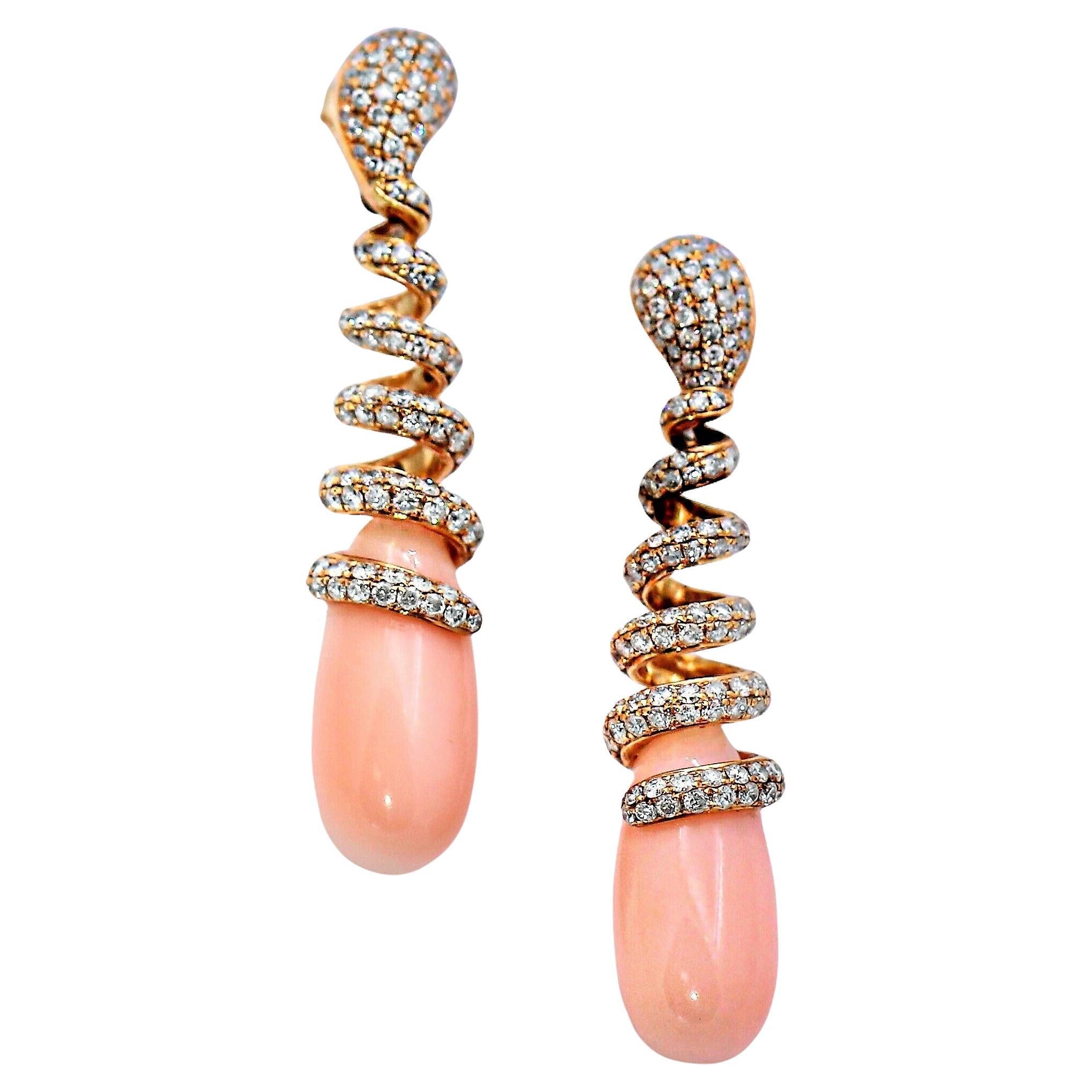 18K Yellow Gold, Corkscrew Design Diamond and Angel Skin Coral Drop Earrings