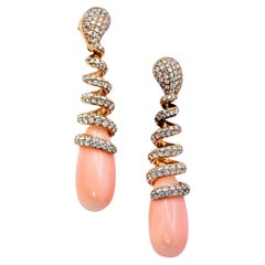 18K Yellow Gold, Corkscrew Design Diamond and Angel Skin Coral Drop Earrings