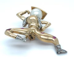 18k Yellow Gold Cowboy Spanish Dancer Brooch w/ Ruby, Pearl, Diamond