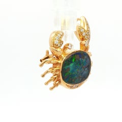 18K Yellow Gold Crab Brooch with Australian Black Opal and White Diamonds