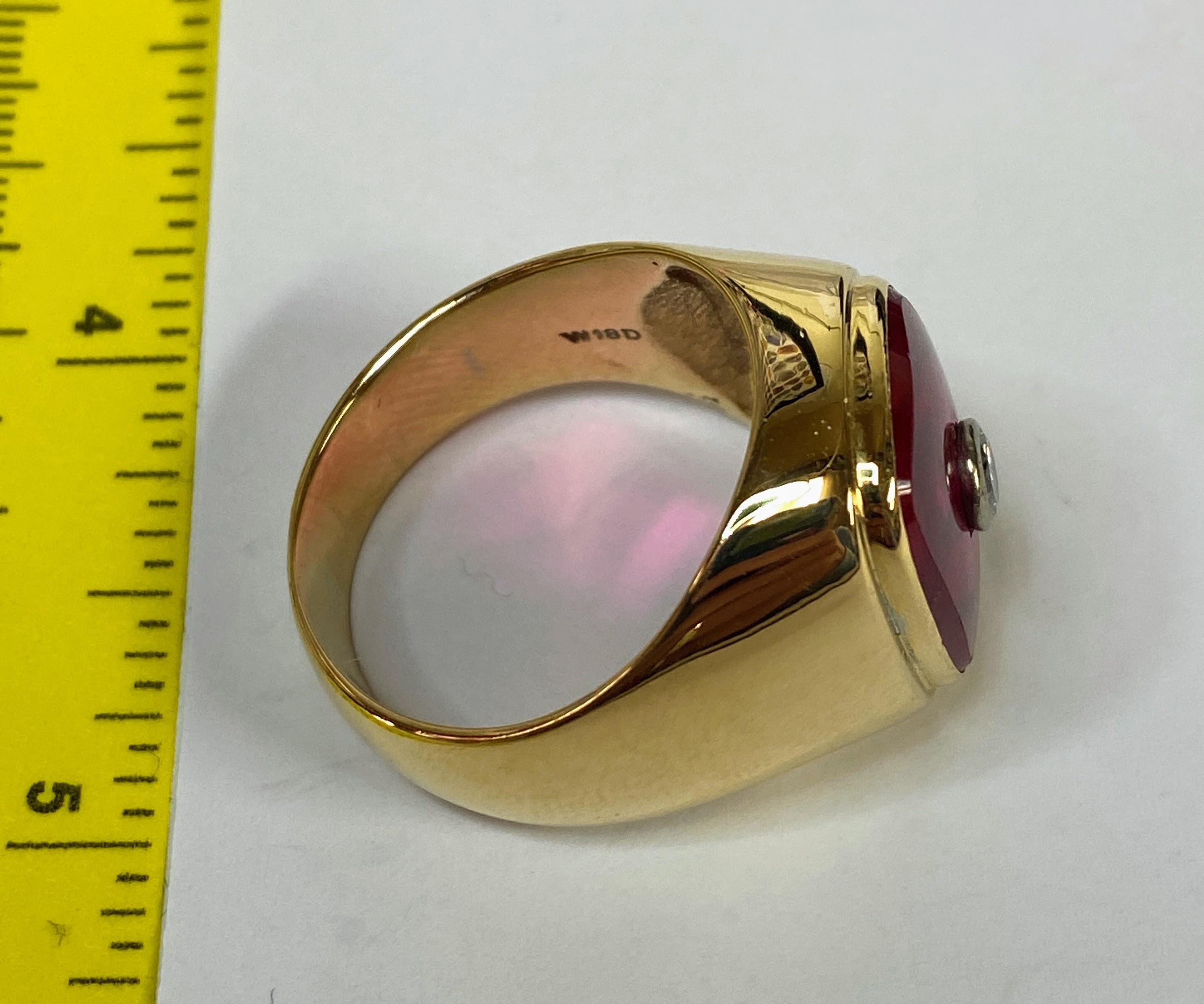 18K Yellow Gold Created Ruby & Brilliant Diamond Signet Square Ring Size 12.5 In Good Condition For Sale In San Jacinto, CA