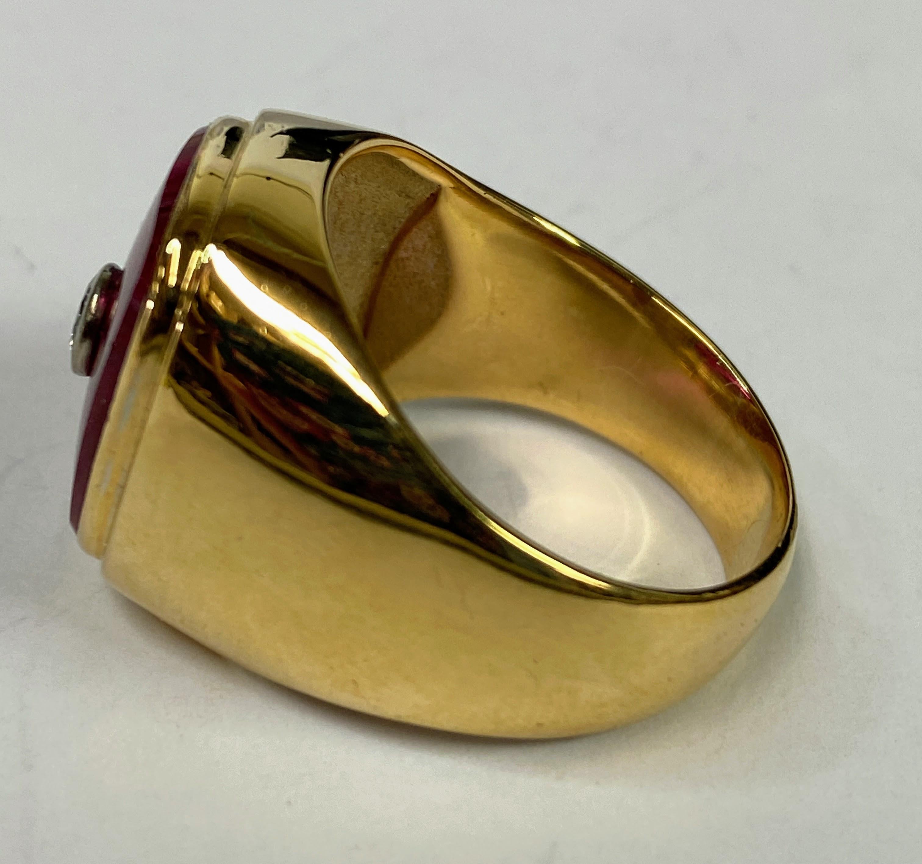 18K Yellow Gold Created Ruby & Brilliant Diamond Signet Square Ring Size 12.5 For Sale 1