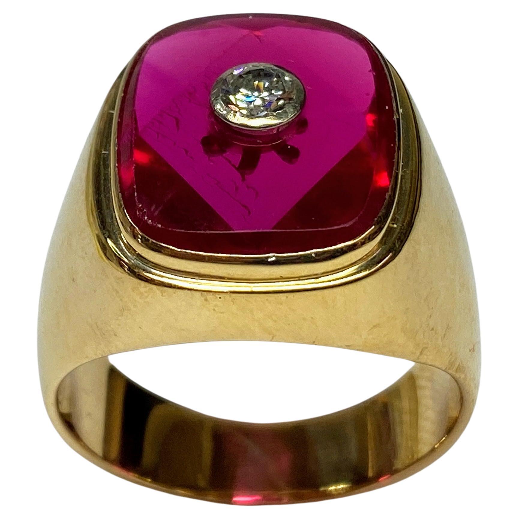 18K Yellow Gold Created Ruby & Brilliant Diamond Signet Square Ring Size 12.5 For Sale
