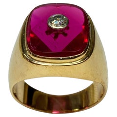 18K Yellow Gold Created Ruby & Brilliant Diamond Signet Square Ring Size 12.5