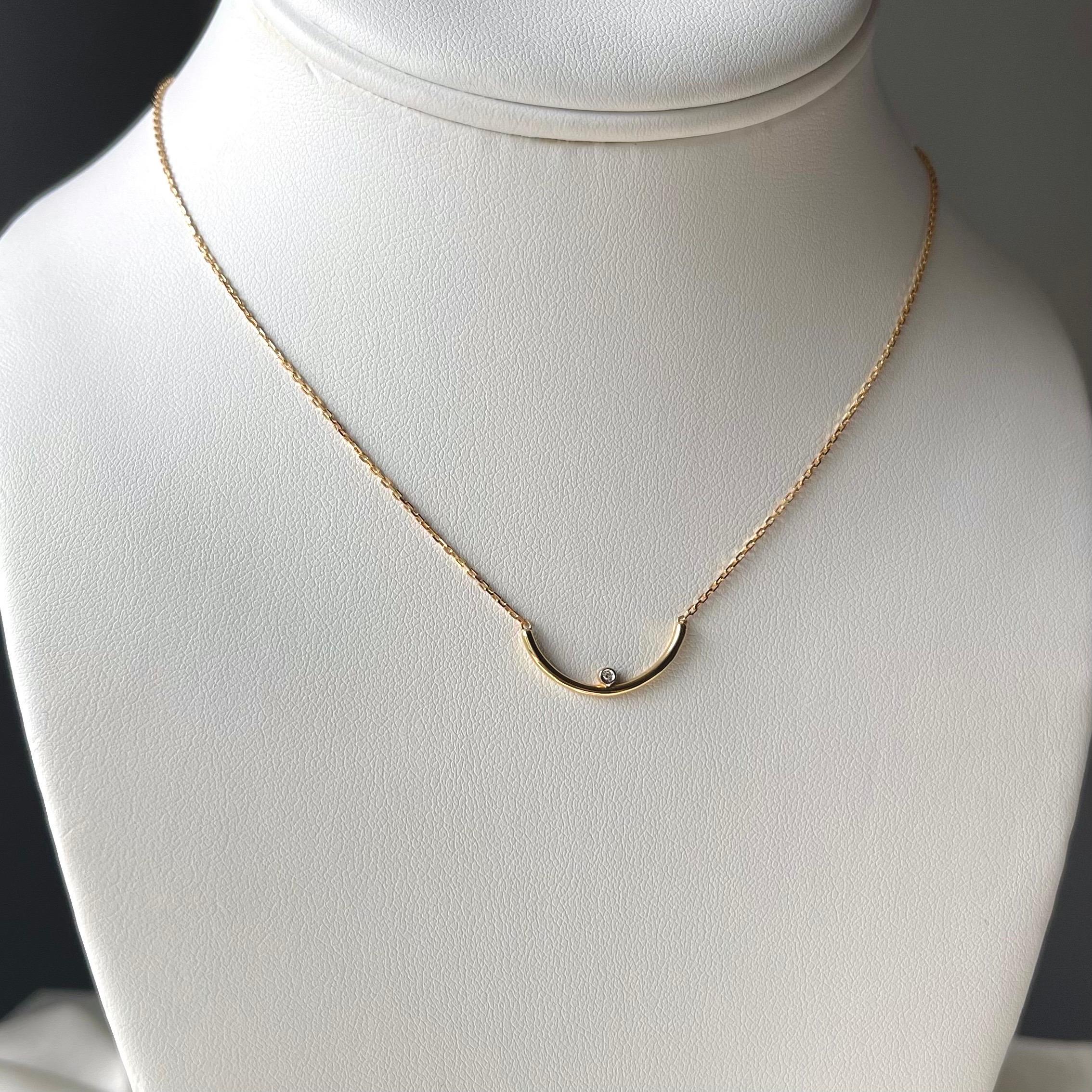 Modernist 18K Yellow Gold Crescent Necklace with Diamond Accent For Sale