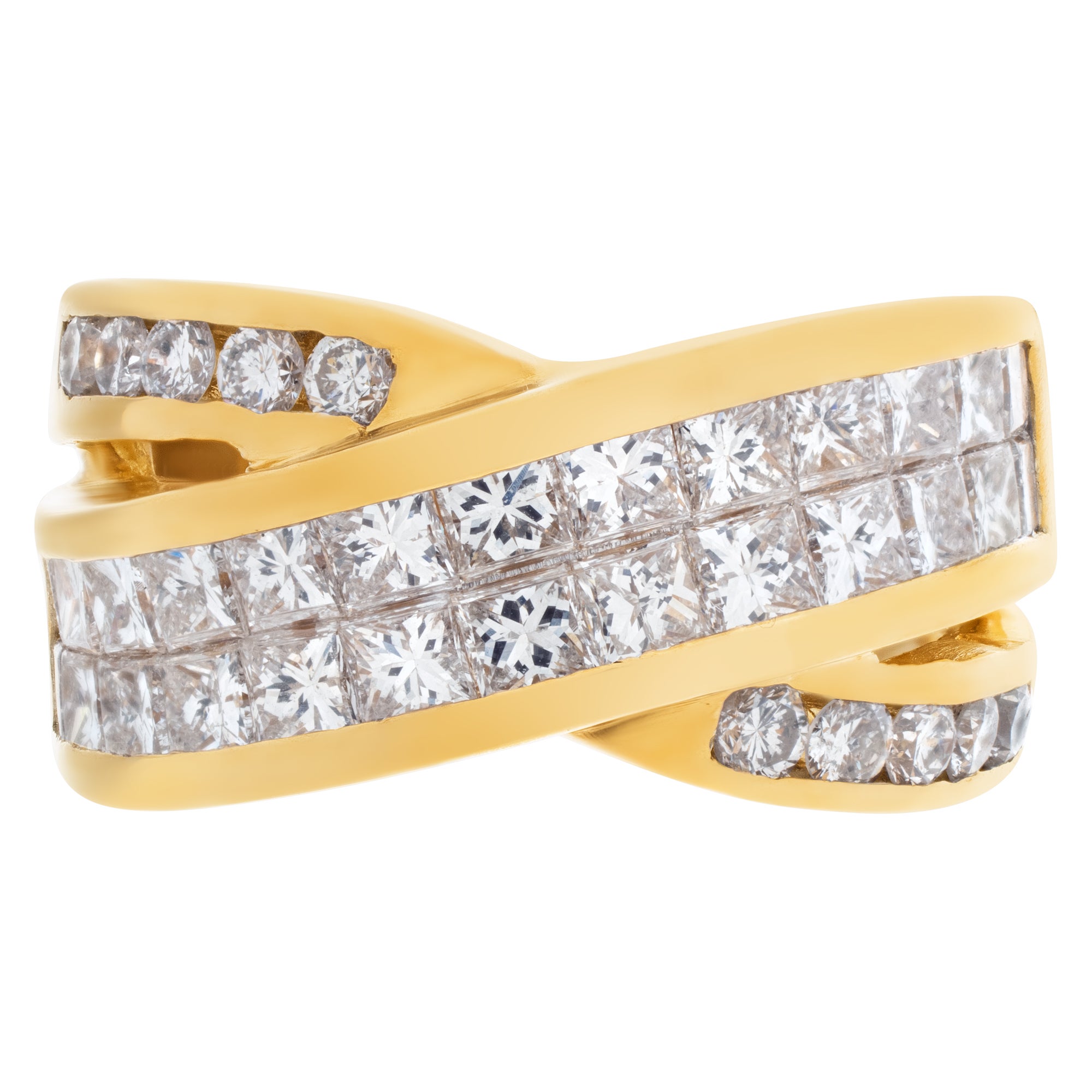 18k Yellow Gold Criss Cross Diamond Ring with over 3 Carats For Sale