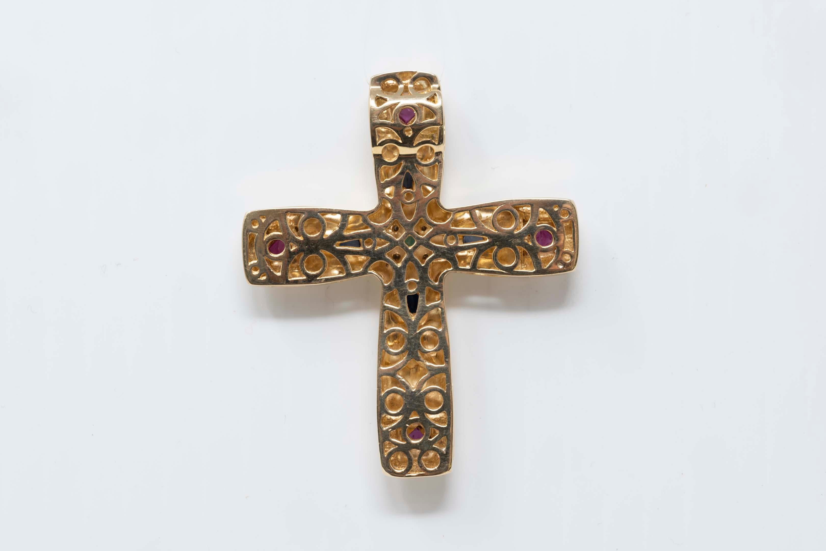 18k Yellow Gold Cross Diamonds and Fancy Coloured Precious Stones Pendant In Good Condition In Montreal, QC