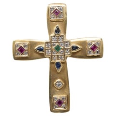 Vintage 18k Yellow Gold Cross Diamonds and Fancy Coloured Precious Stones Pendant