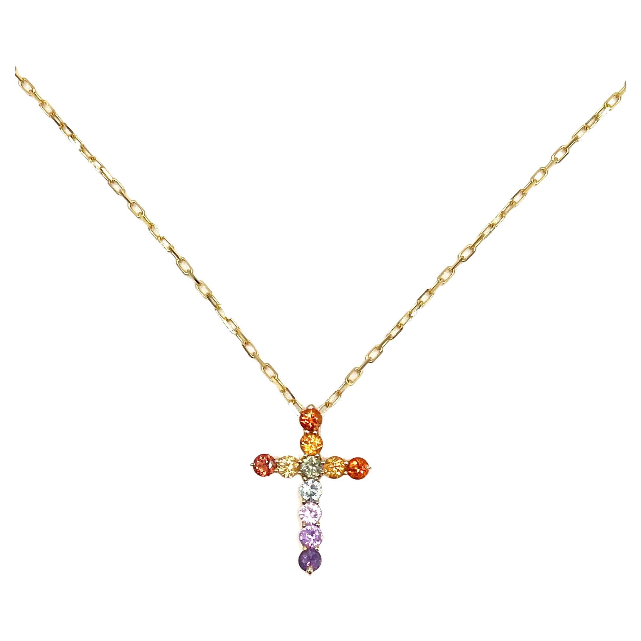 18K Yellow Gold Cross Necklace with Rainbow Colored Sapphires For Sale