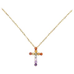 18K Yellow Gold Cross Necklace with Rainbow Colored Sapphires