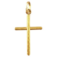 18K Yellow Gold Cross Pendant Toothpick Style Bark Finish #17933