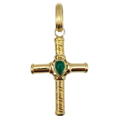 18K Yellow Gold Cross Pendant with Green Pear Shaped Cabochon Stone #20320