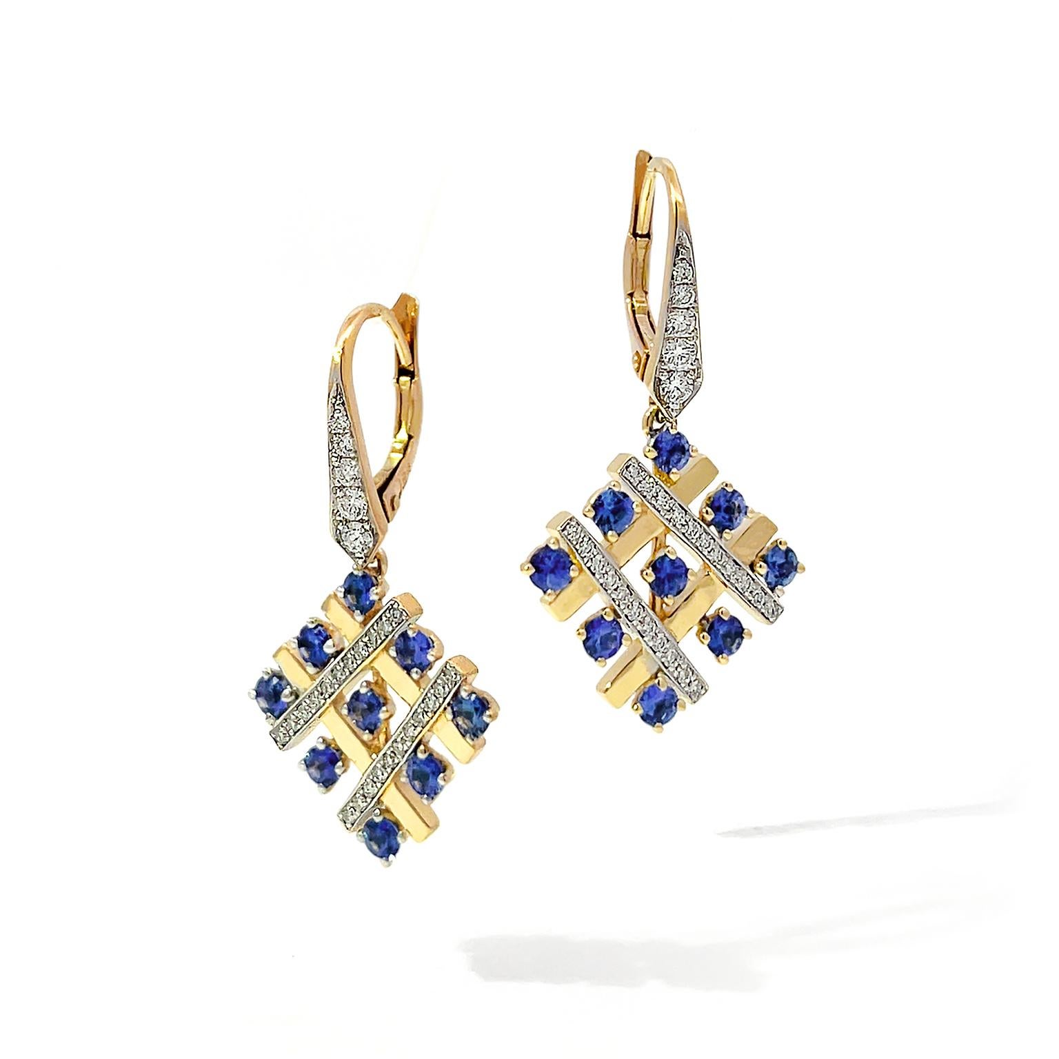 An elegant duo of sapphire and diamond in a cross-bar stitch pattern creates delicate earrings. The 18k yellow gold lever back is embellished with rows of round brilliant cut diamonds. The 18k yellow gold cross bar stitch with pavé-set brilliant cut