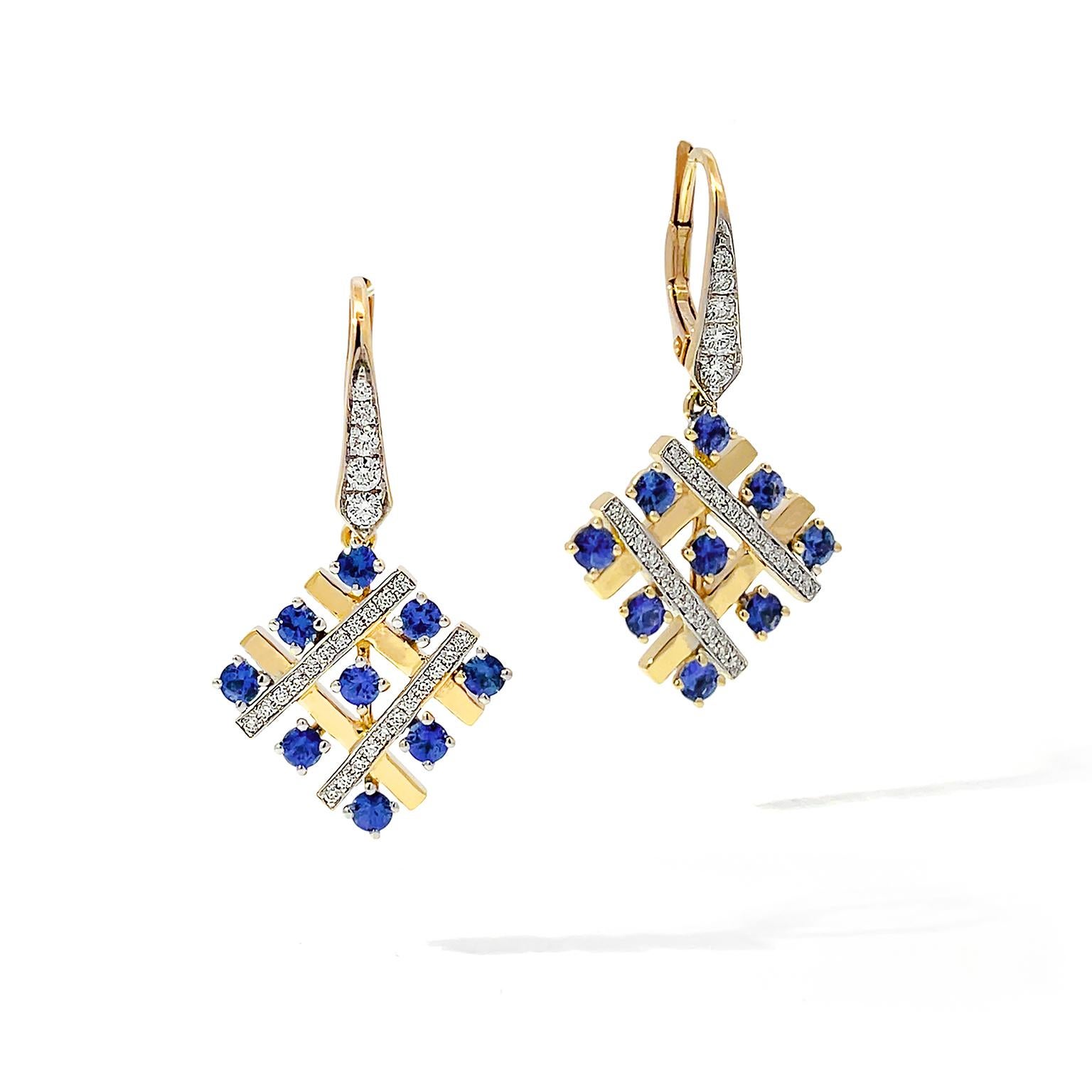 Brilliant Cut 18K Yellow Gold Cross Stitch Sapphire and Diamond Earrings For Sale
