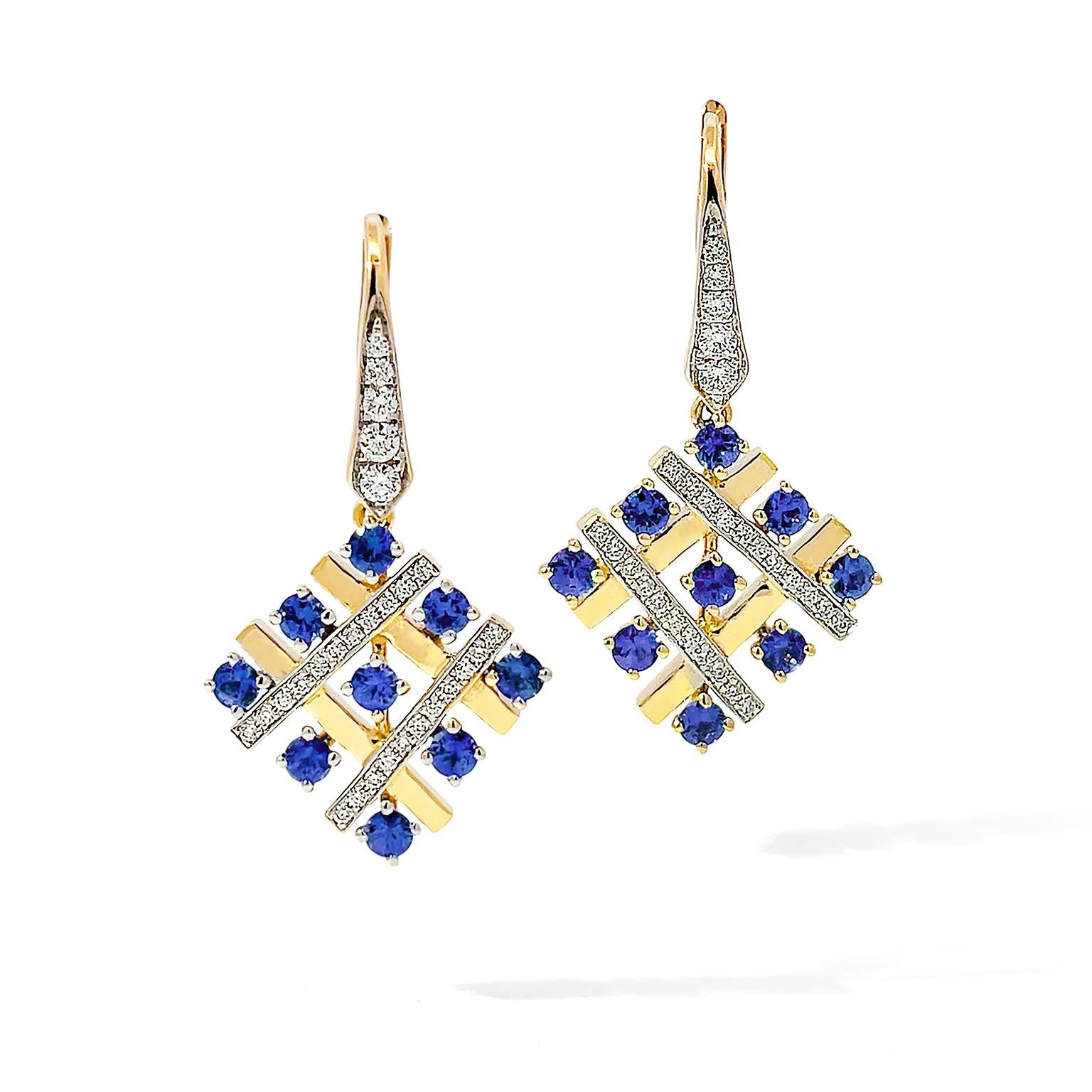 Women's or Men's 18K Yellow Gold Cross Stitch Sapphire and Diamond Earrings For Sale