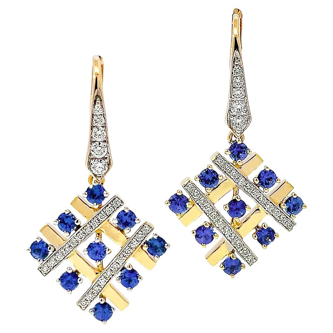 18K Yellow Gold Cross Stitch Sapphire and Diamond Earrings
