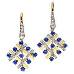 18K Yellow Gold Cross Stitch Sapphire and Diamond Earrings
