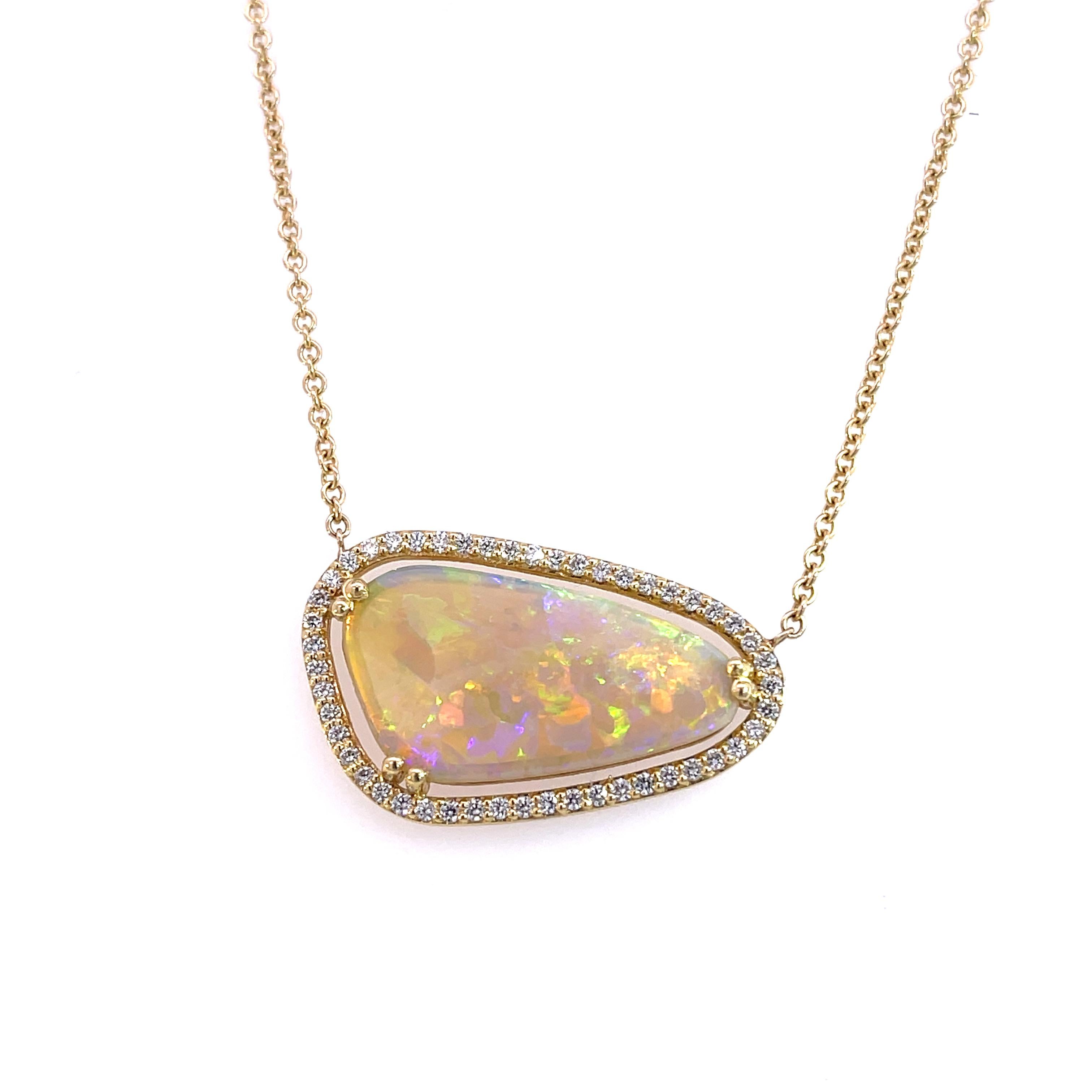 Trillion Cut 18k Yellow Gold Crystal Opal Necklace with White Diamond Halo For Sale