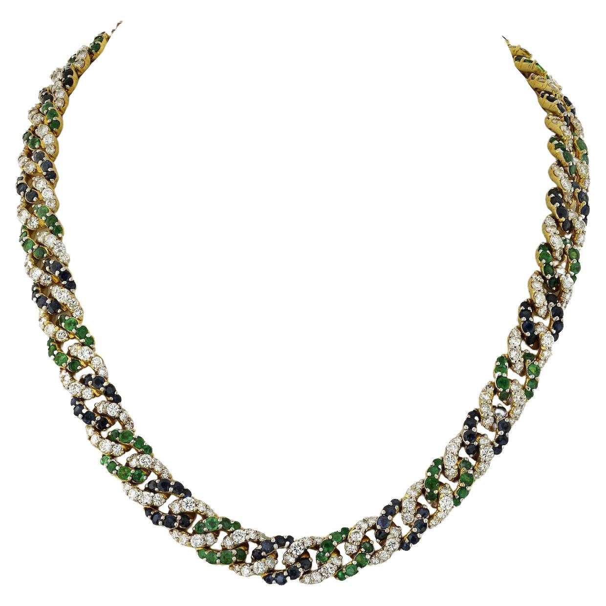 18K Yellow Gold Cuban Link Diamond, Sapphire and Green Emerald Necklace For Sale