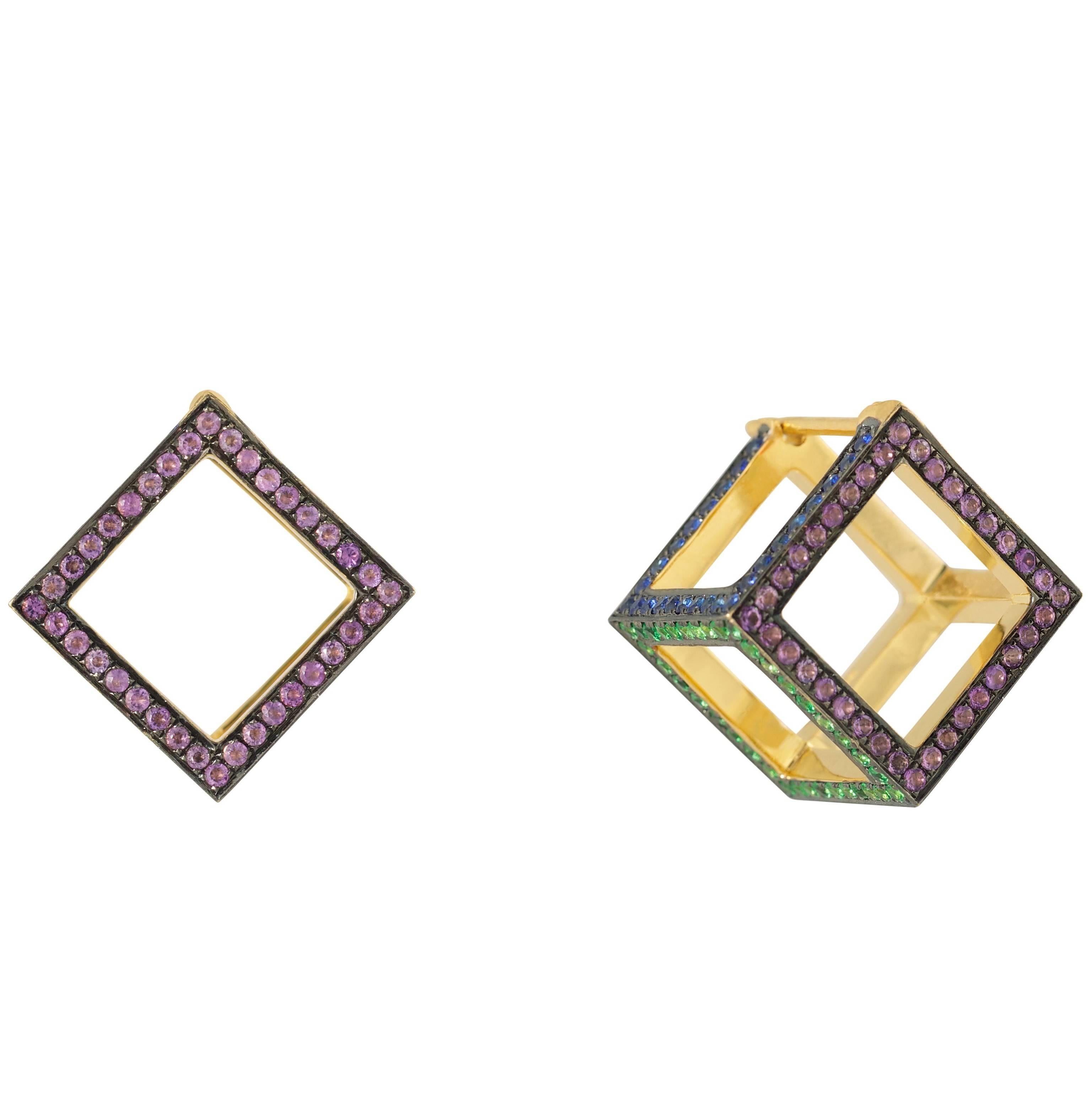 18 Karat Gold Cube Dormeuse “3D” Earrings with Diamonds and Colored Stones