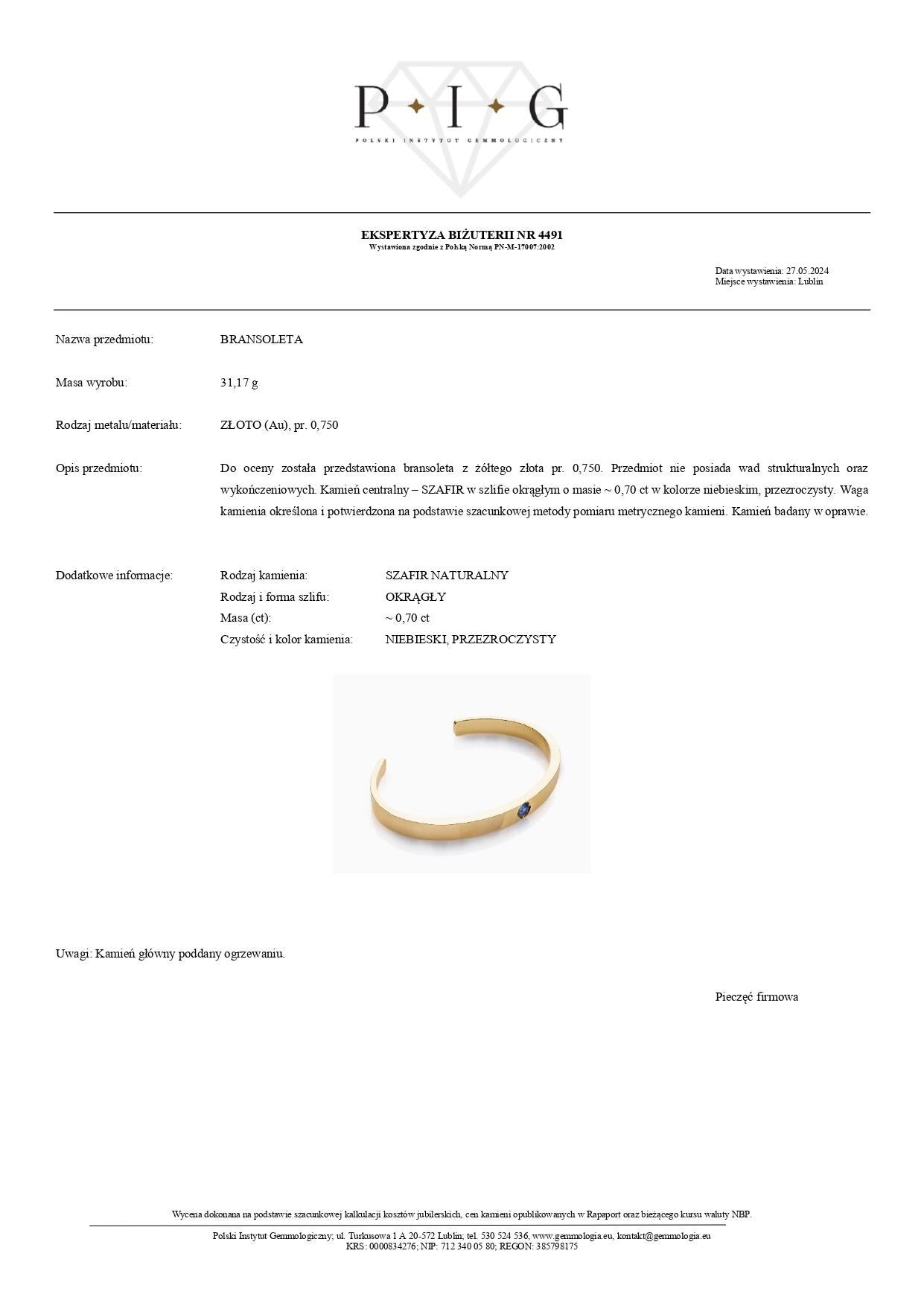 Bracelet manchette en or jaune 18K avec saphir de 0.70 carat Neuf - En vente à Warszawa, PL