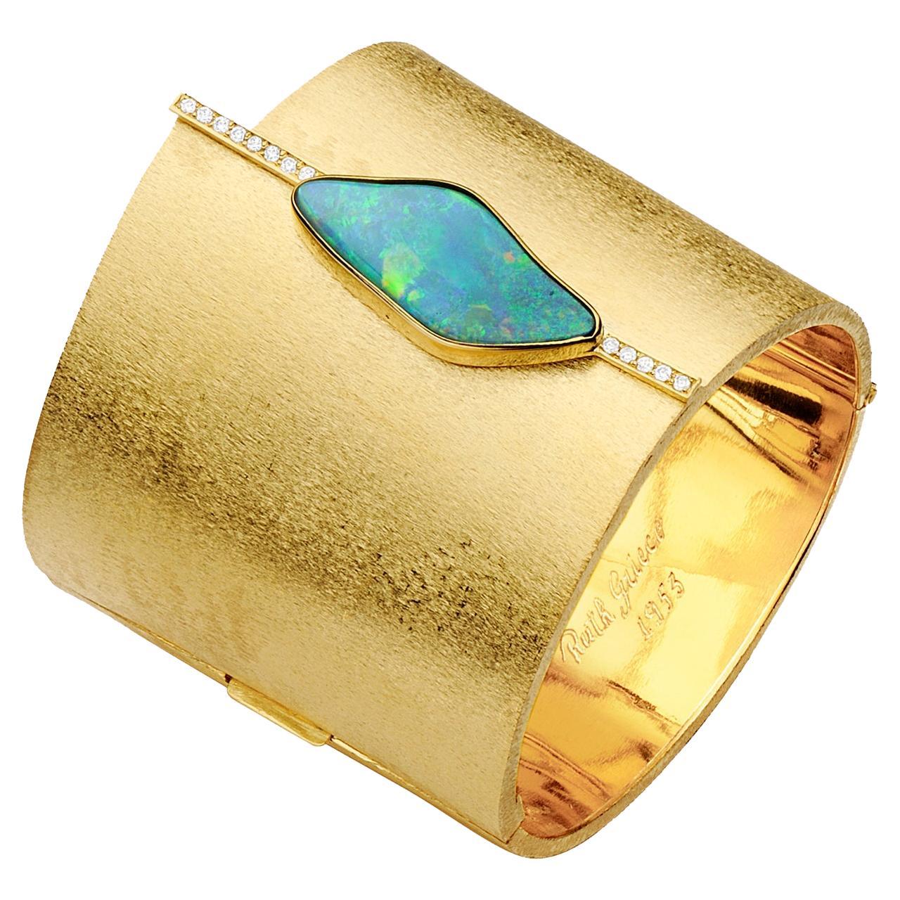 18K Yellow Gold Cuff Bracelet with Blue Opal Doublet and Diamonds by Ruth Grieco