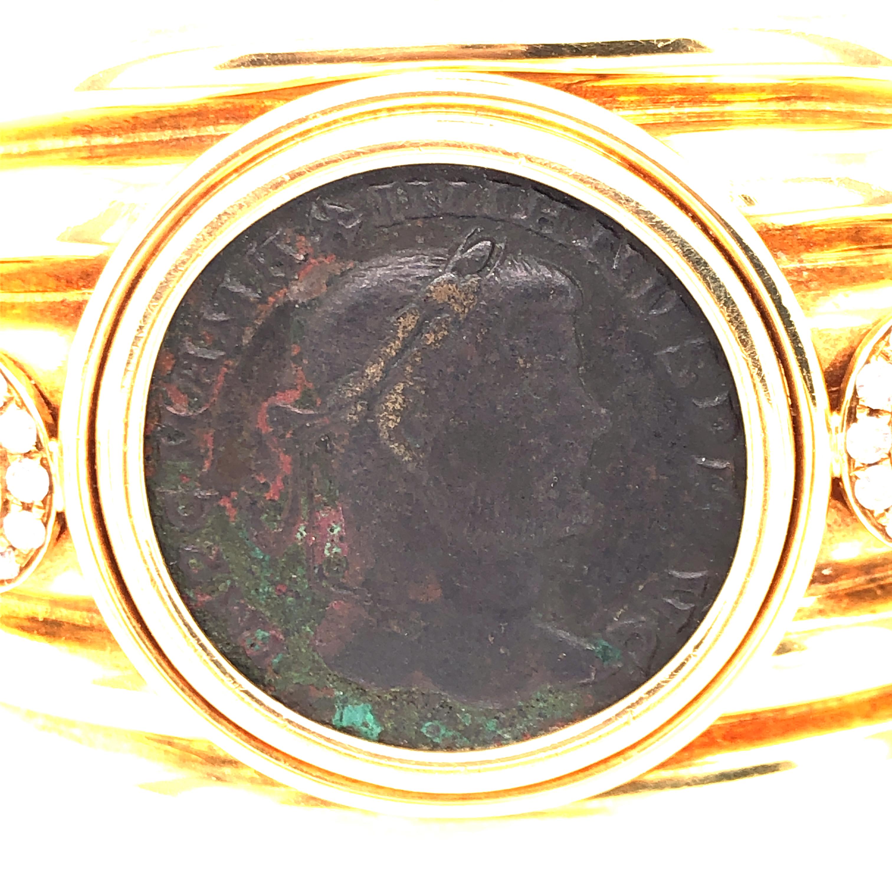 Pear Cut 18 Karat Yellow Gold Cuff Bracelet with Roman Coin, Diamond, and Citrine
